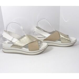 IGI & CO Platform Wedge Sandal Metallic Leather Straps Gold Beige Slingback 39/8